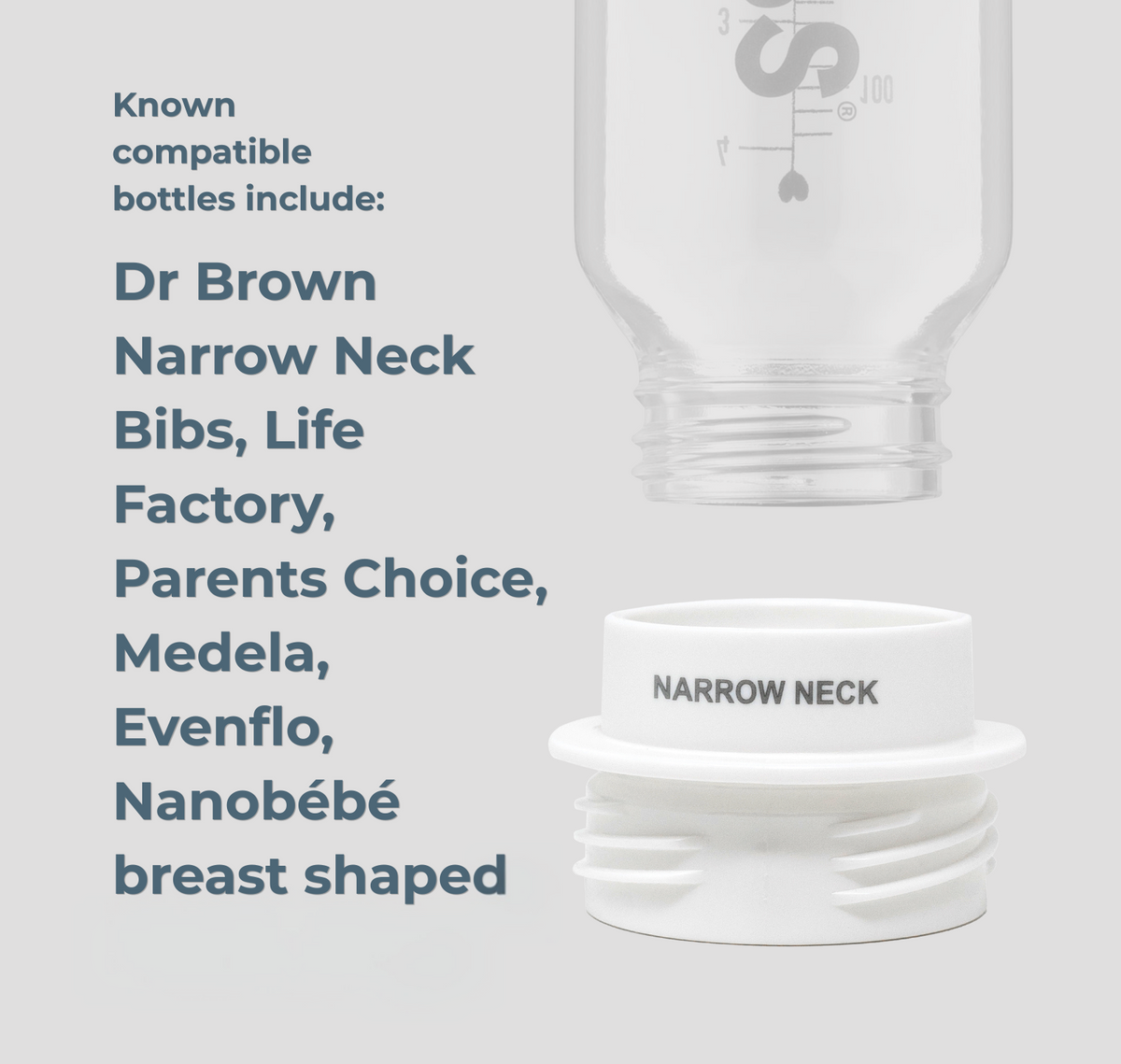 White breast-shaped adapter with text listing compatible bottles on a light gray background