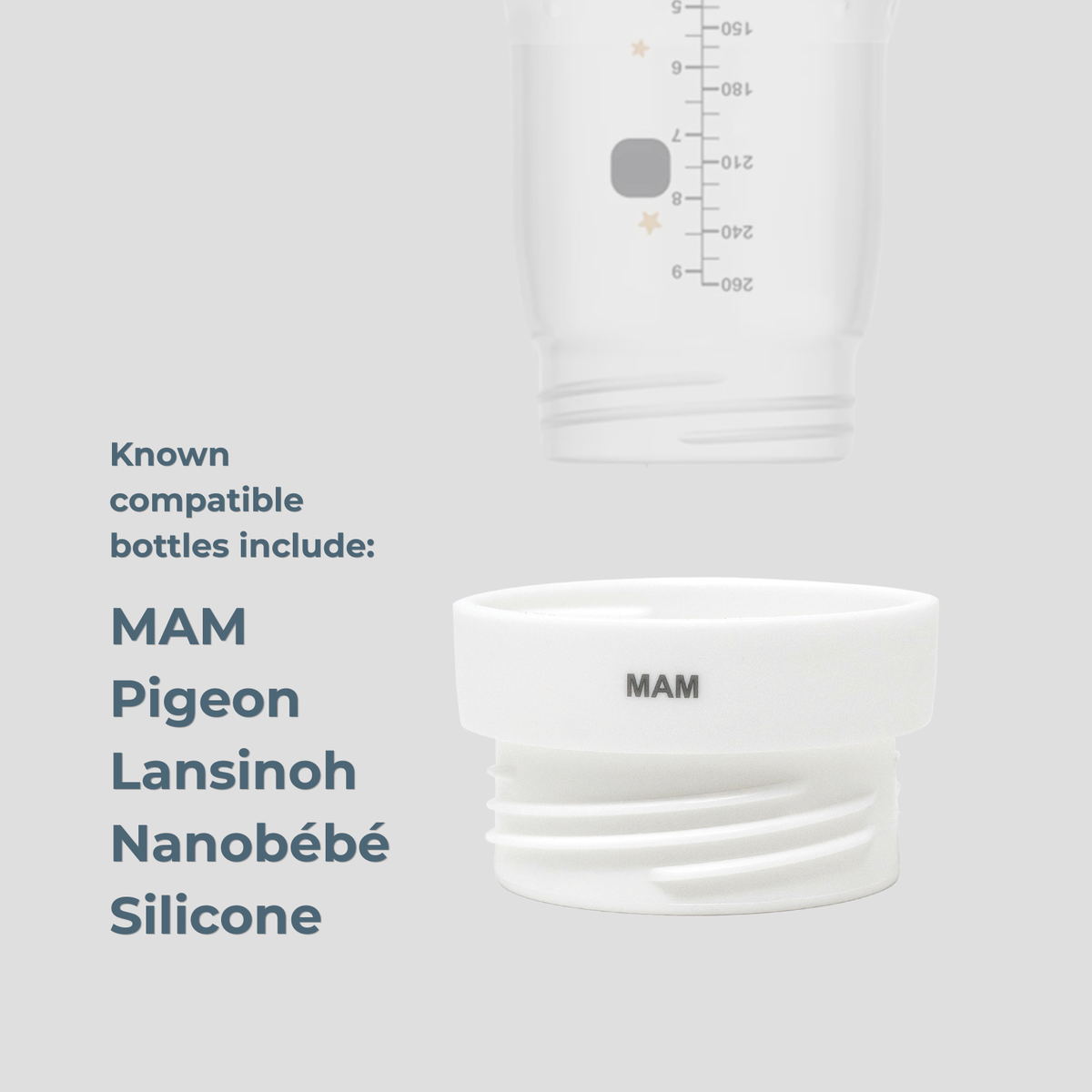 White bottle adapter with measurement scale and compatibility list on a light gray background