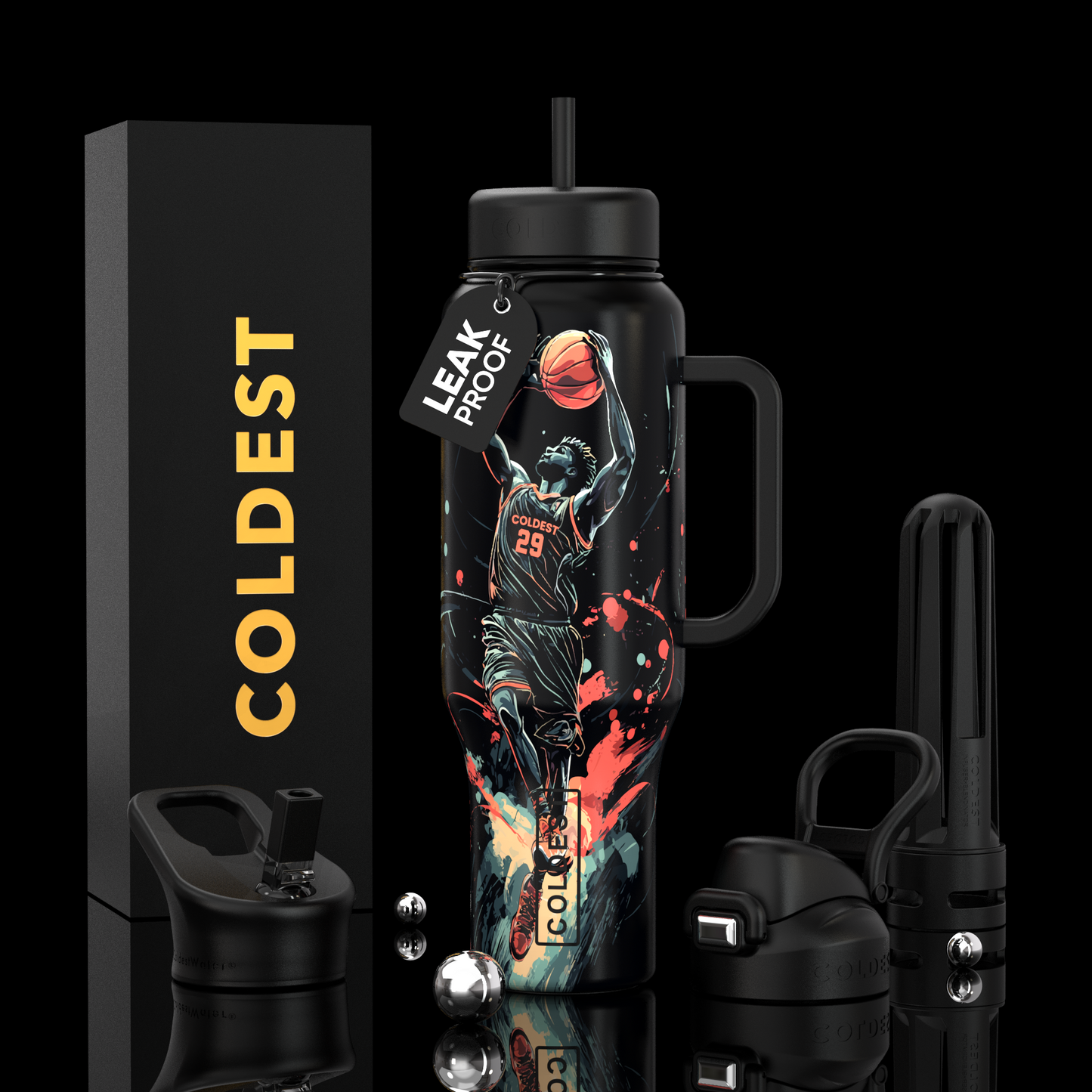 Black insulated water bottle featuring a dynamic basketball player design, with multiple interchangeable lids, a straw, and a leak-proof tag, branded as Unknown Product.