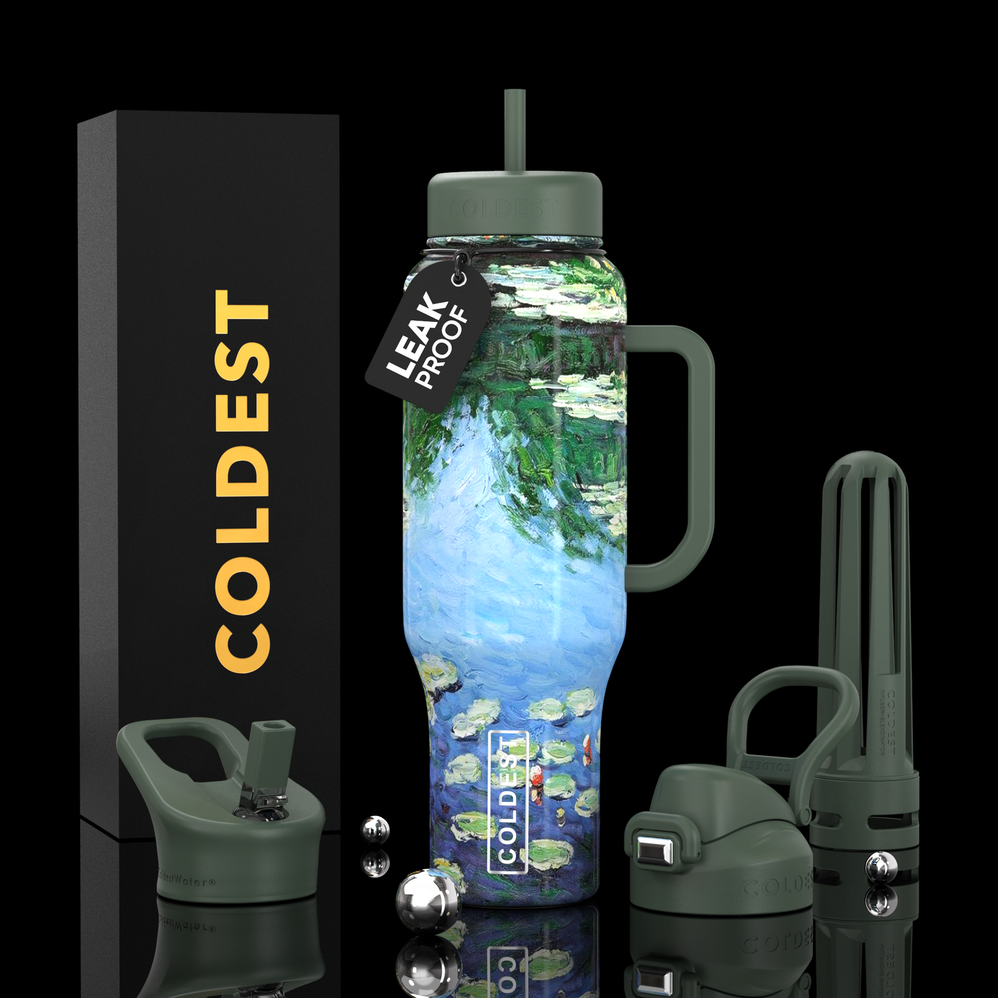 Unknown Product featuring a leak-proof water bottle with an artistic water lilies design and multiple green silicone lids, ideal for home decor and wellness enthusiasts.