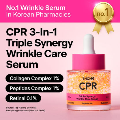 CPR 3-In-1 Triple Synergy Wrinkle Care Serum bottle with pink cap on a pink background