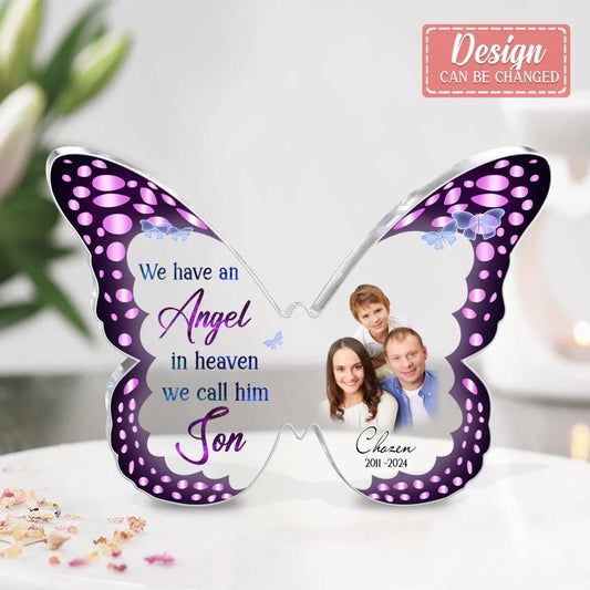 Personalized Memorial Butterfly Acrylic Plaque - Memorial Gift Idea - Upload Photo - I Have An Angel In Heaven I Call Him Son