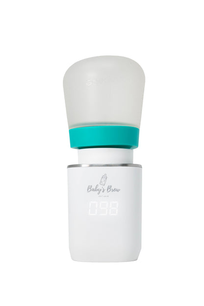 White bottle with a teal cap on a white background
