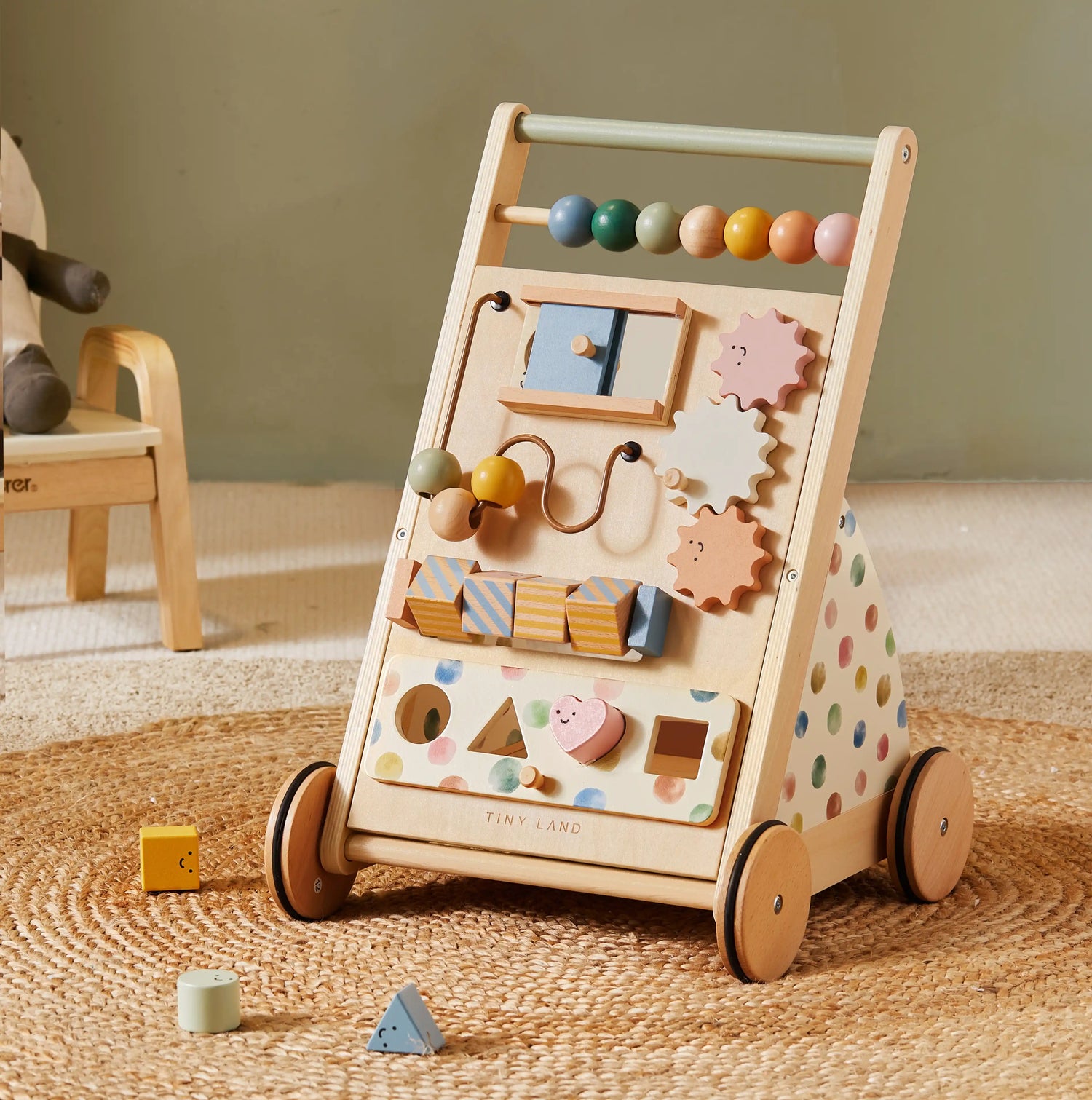 Tiny Land® Versatile Natural Wooden Baby Walker featuring colorful beads, shape sorters, gears, and a wooden frame on wheels for toddler motor skill development and playtime.