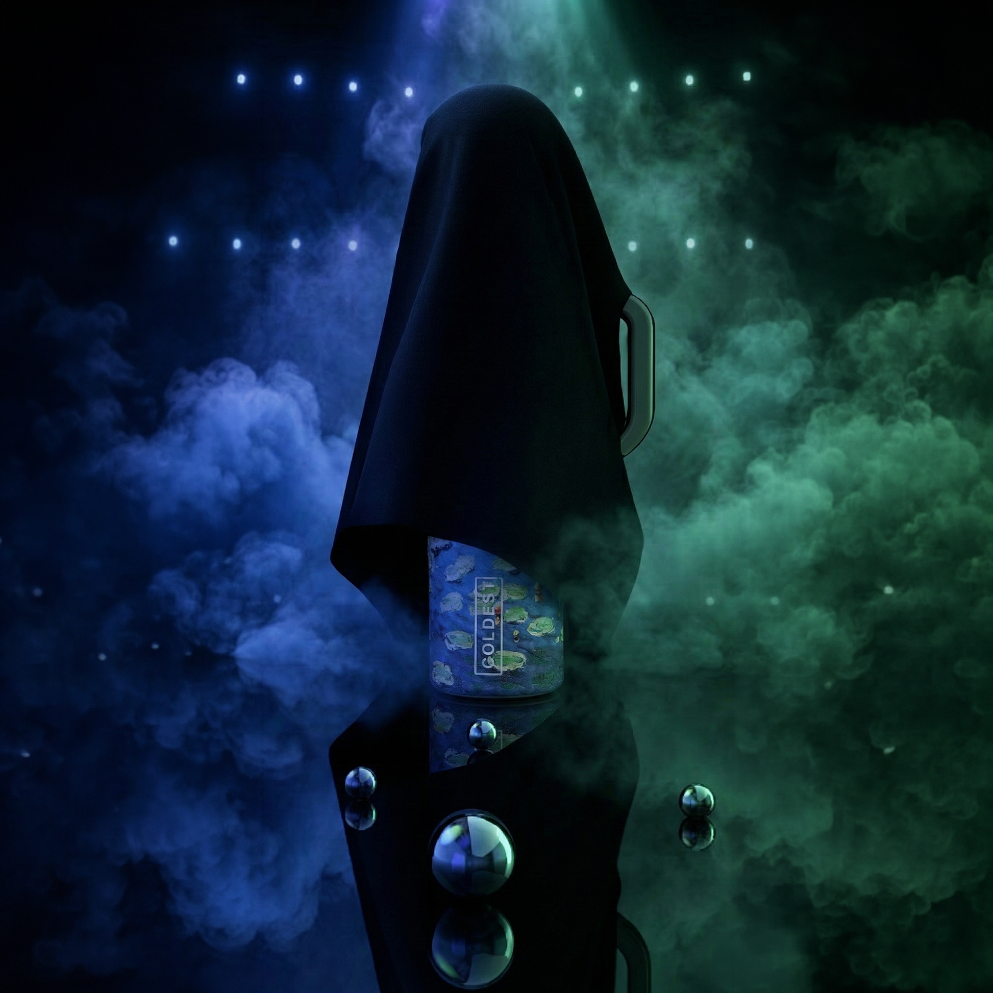 Mysterious scene with a foggy, dark background featuring a partially covered, reflective object draped in black fabric, emphasizing intrigue in this Unknown Product.