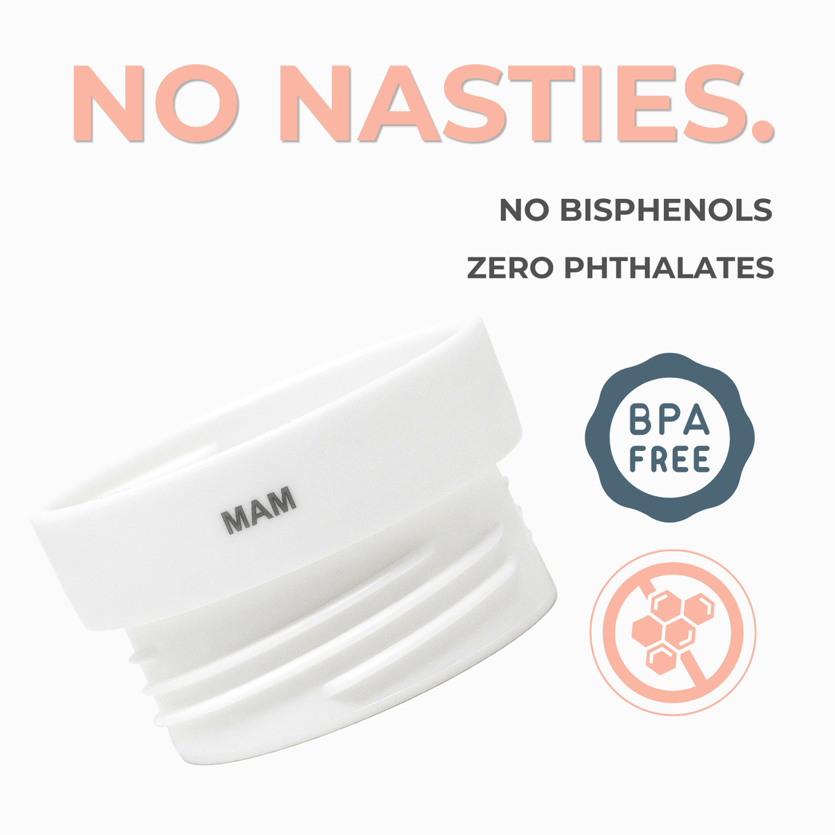 White baby product with 'MAM' branding, featuring text and icons indicating no nasties, no bisphenols, zero phthalates, BPA free, and no harmful chemicals.