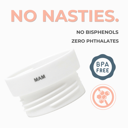 White baby product with 'MAM' branding, featuring text and icons indicating no nasties, no bisphenols, zero phthalates, BPA free, and no harmful chemicals.