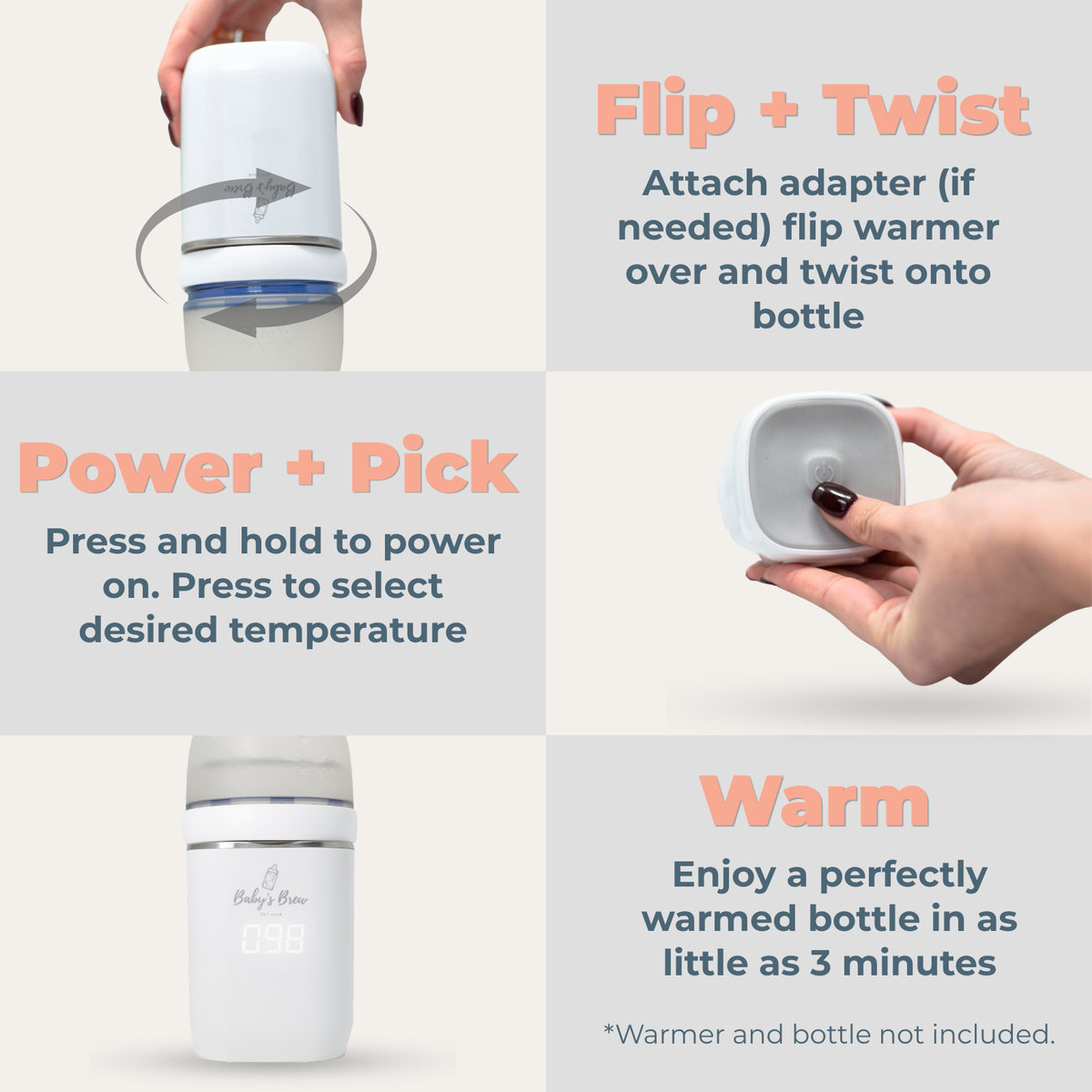 Instructions for using a bottle warmer with text on how to flip, twist, power, and pick.