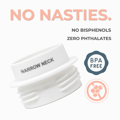 White container with 'Narrow Neck' text, BPA-free and phthalate-free labels on a white background.