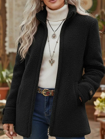 Fleece Zip-Up Jacket Women's Stand Collar Solid Color Loose Fit Casual Long Sleeve Outerwear Clothing