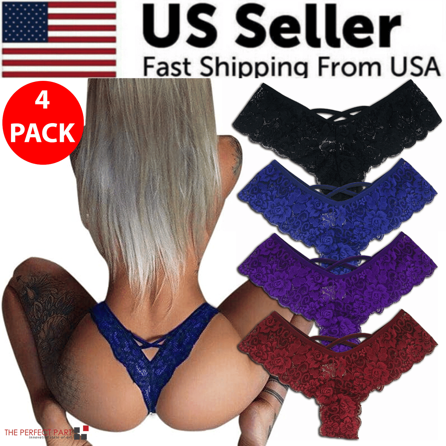 4 Pack Women’s Sexy Lace Thong Panties Plus Size